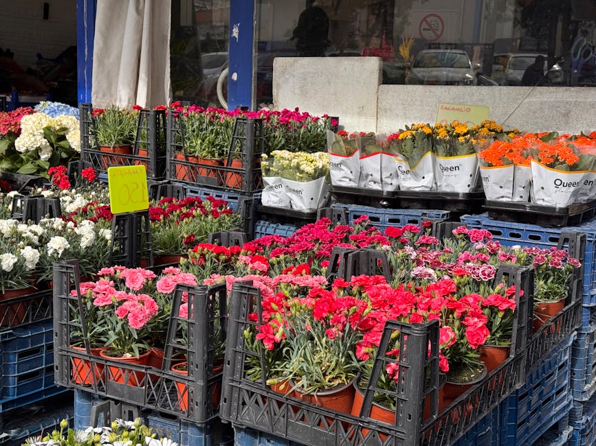 An outdoor display of assorted potted flowering plants arranged on black plastic crates outside a flower shop, featuring vibrant pink, red, white, yellow, and orange blooms. The flowers include carnat